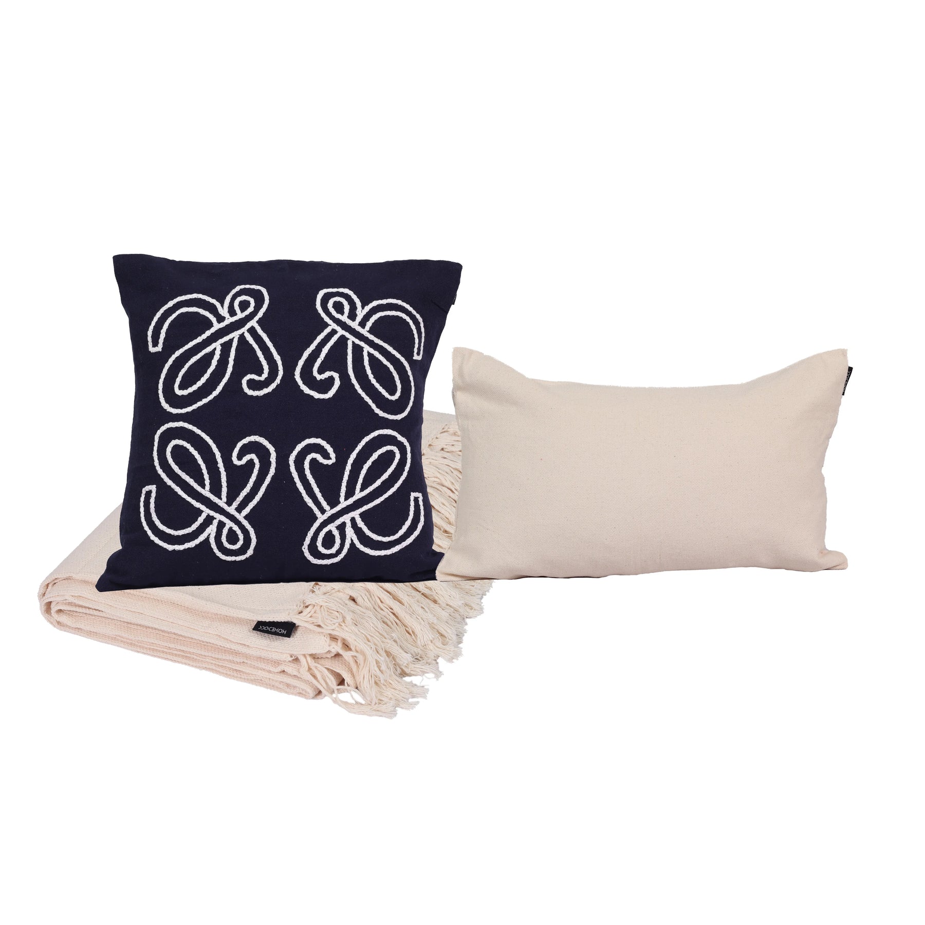 Kit com 2 Capas de Almofadas 1 Manta Cordel - Azul c/ Cru