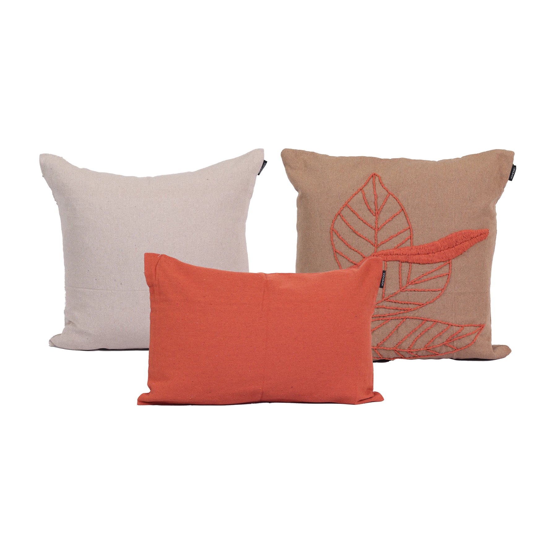 Kit com 3 Capas de Almofadas Folhas - Off White c/ Terracota