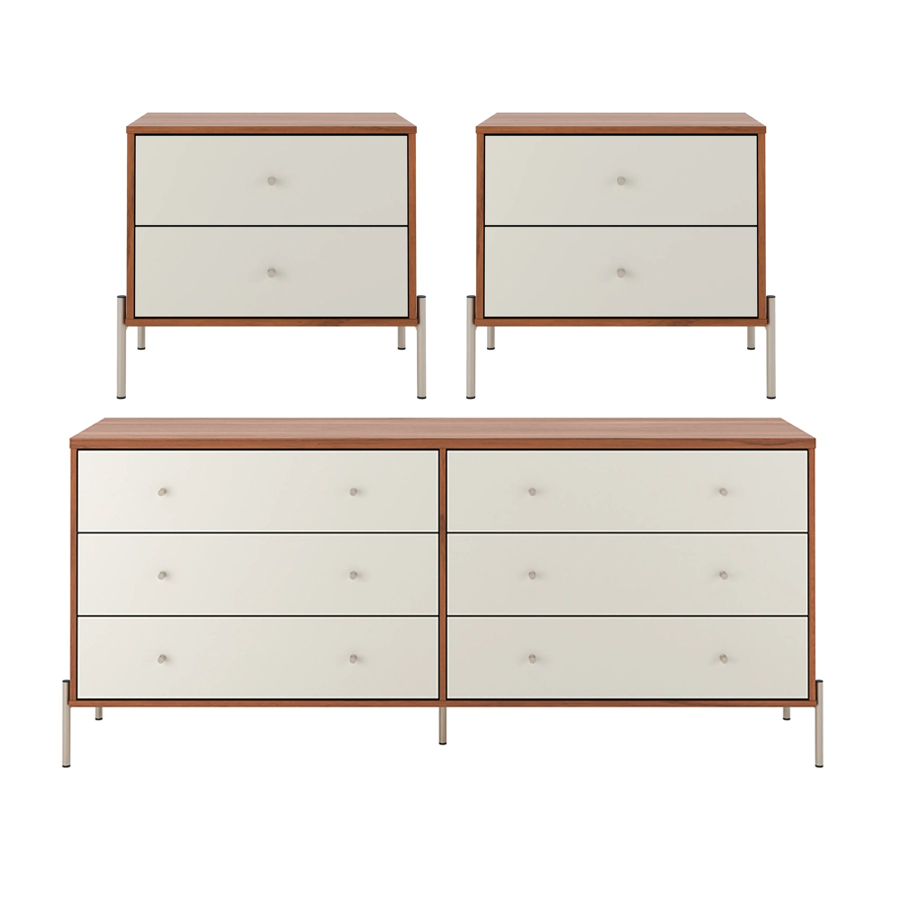 Conjunto 2 Mesas de Cabeceira e Cômoda 6 Gavetas Jasper - Off White Fosco c/ Canella - Champanhe