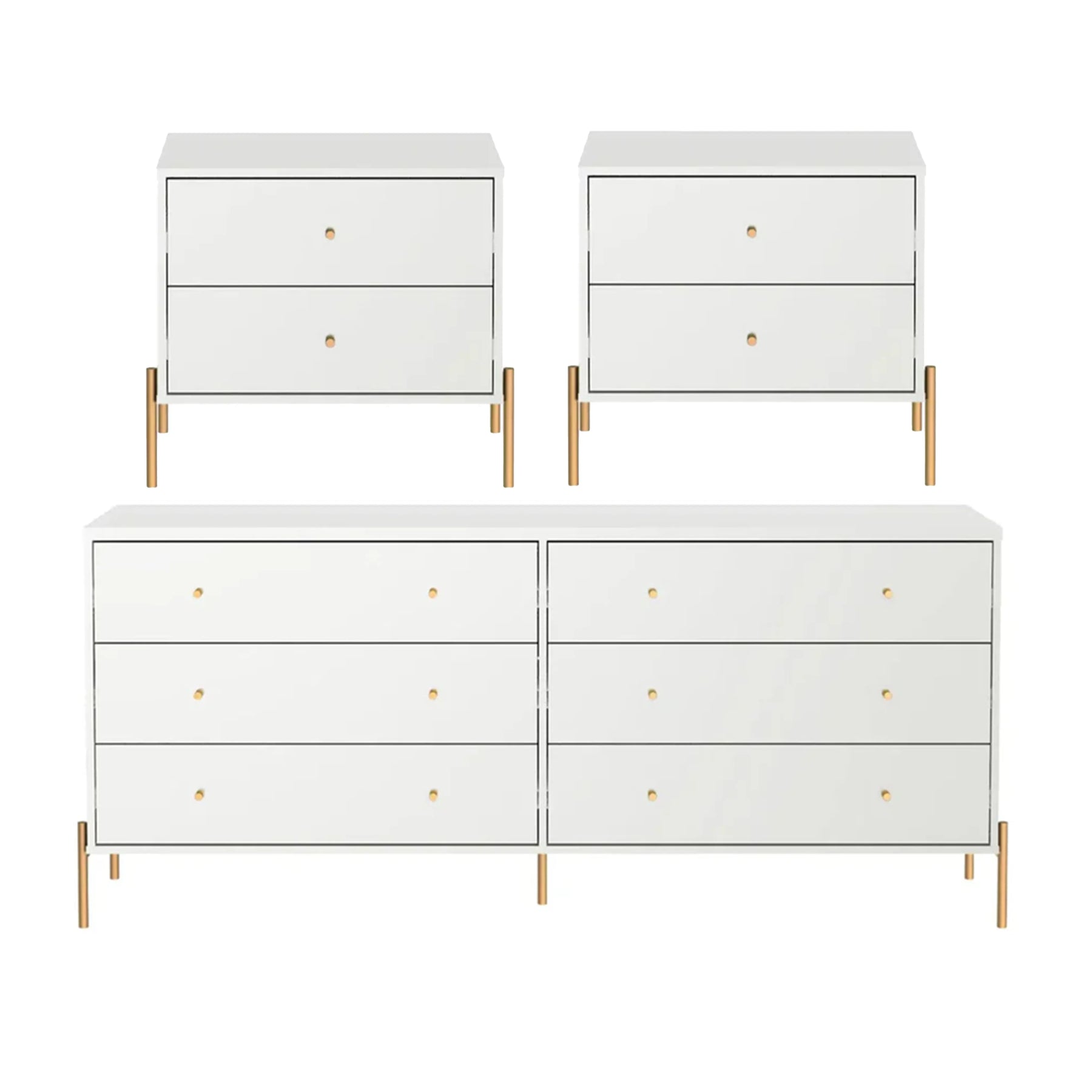 Conjunto 2 Mesas de Cabeceira e Cômoda 6 Gavetas Jasper - Branco c/ Dourado