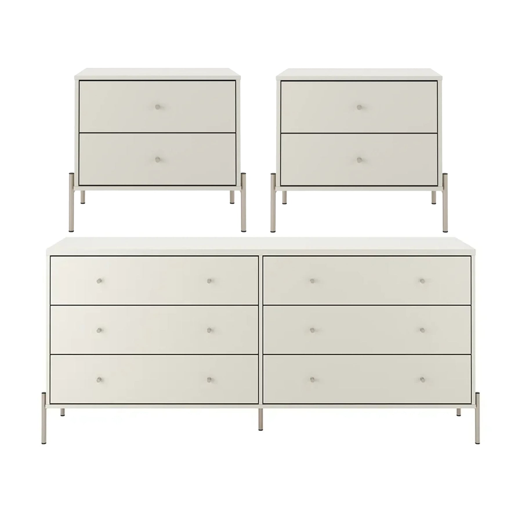Conjunto 2 Mesas de Cabeceira e Cômoda 6 Gavetas Jasper - Off White Fosco c/ Champanhe
