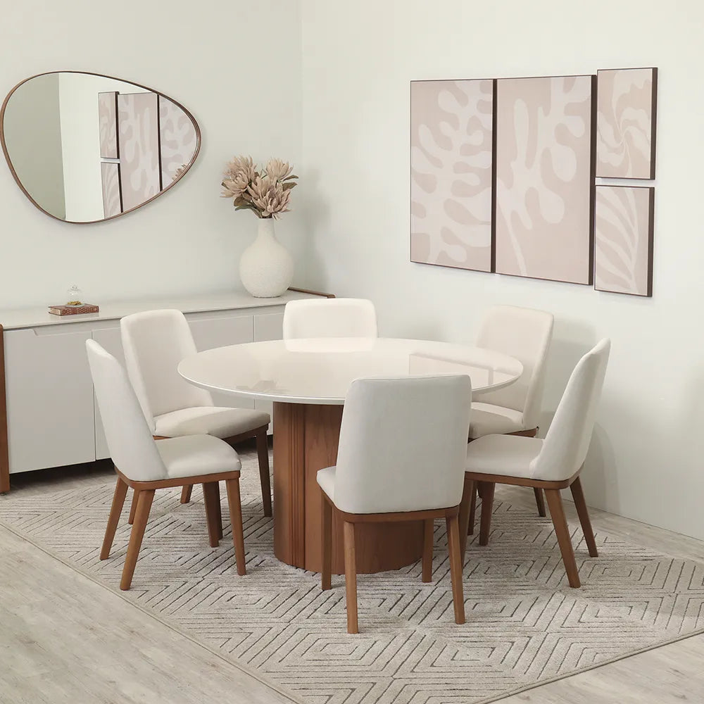 Conjunto de Jantar Mesa Redonda com Vidro 6 Cadeiras Kalina - Canella c/ Off White