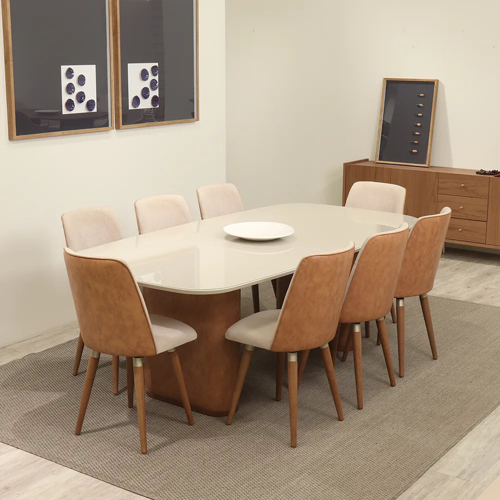 Conjunto de Jantar Mesa Retangular com Vidro Lintz com 8 Cadeiras Dakota - Off White c/ Caramelo