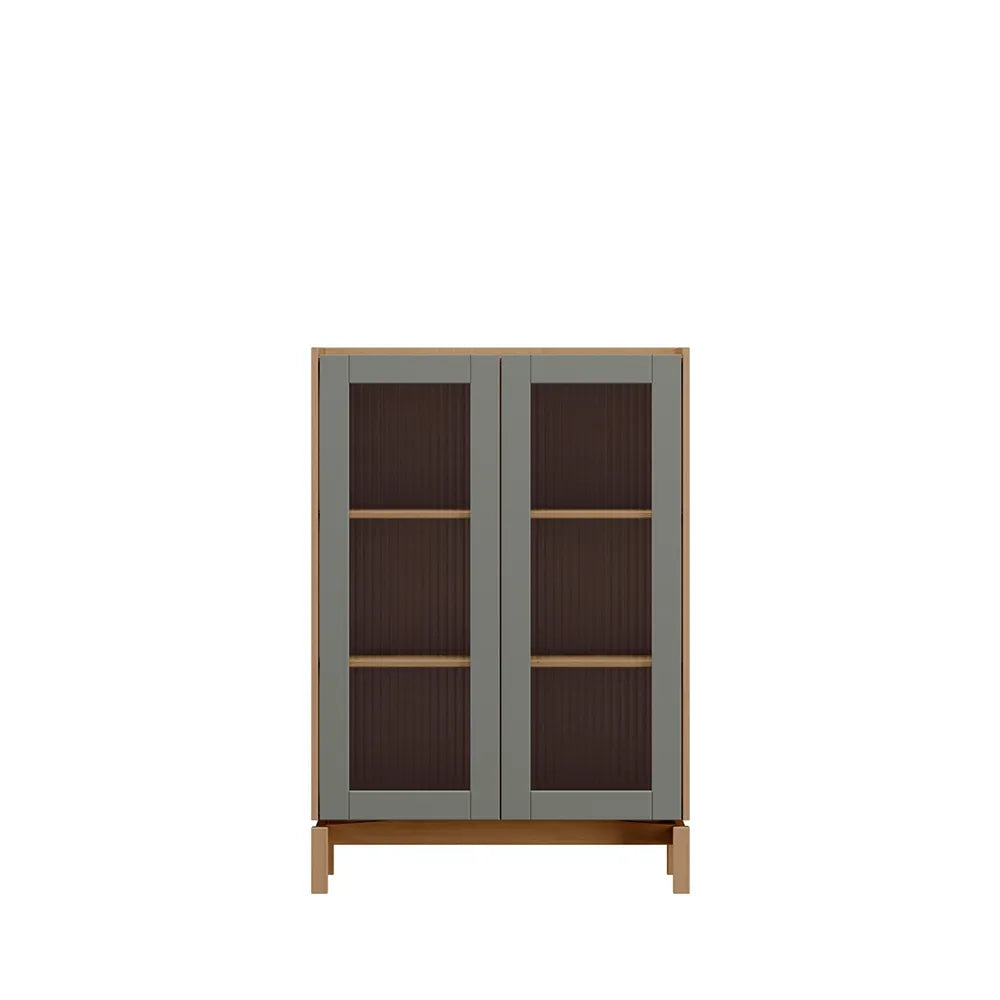 Cristaleira de Madeira Maciça 2 Portas com Vidro Canelado Amsterdã 80 cm - Natural c/ Verde