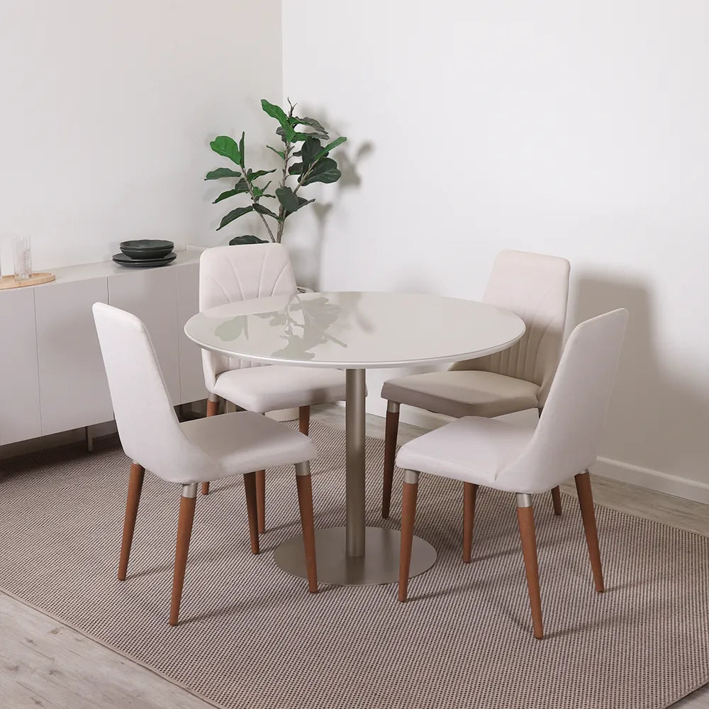 Conjunto de Jantar Mesa Redonda com Vidro Cloe 4 Cadeiras Lara - Champanhe c/ Off White