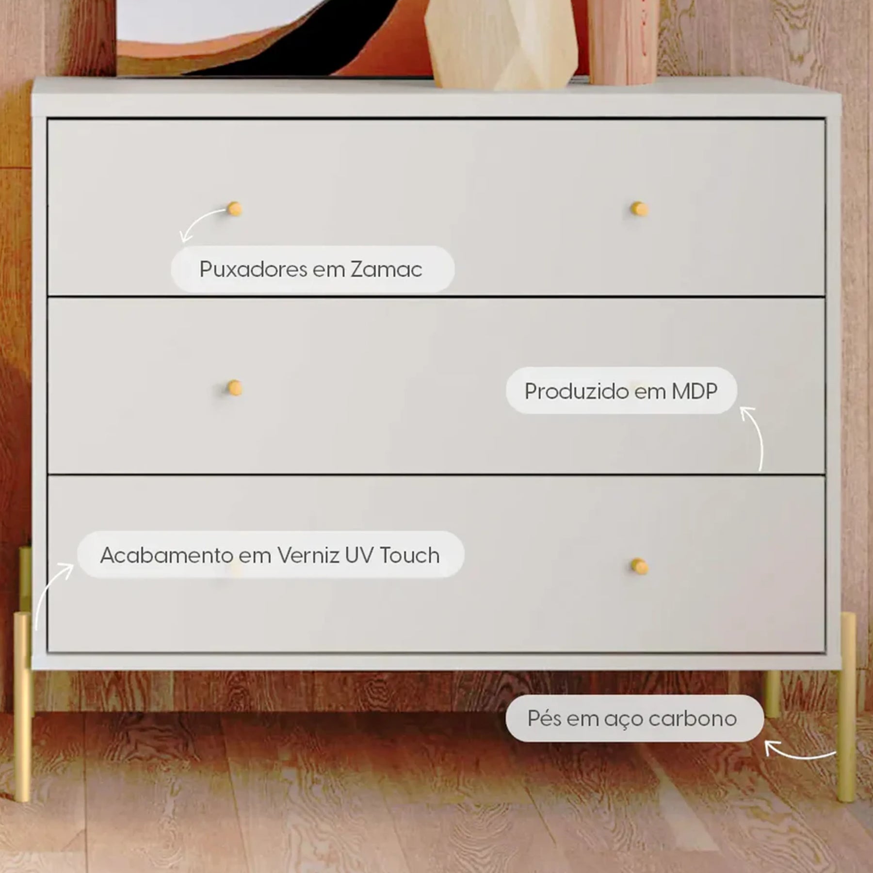 Conjunto 2 Mesas de Cabeceira e Cômoda 3 Gavetas Jasper - Branco c/ Dourado