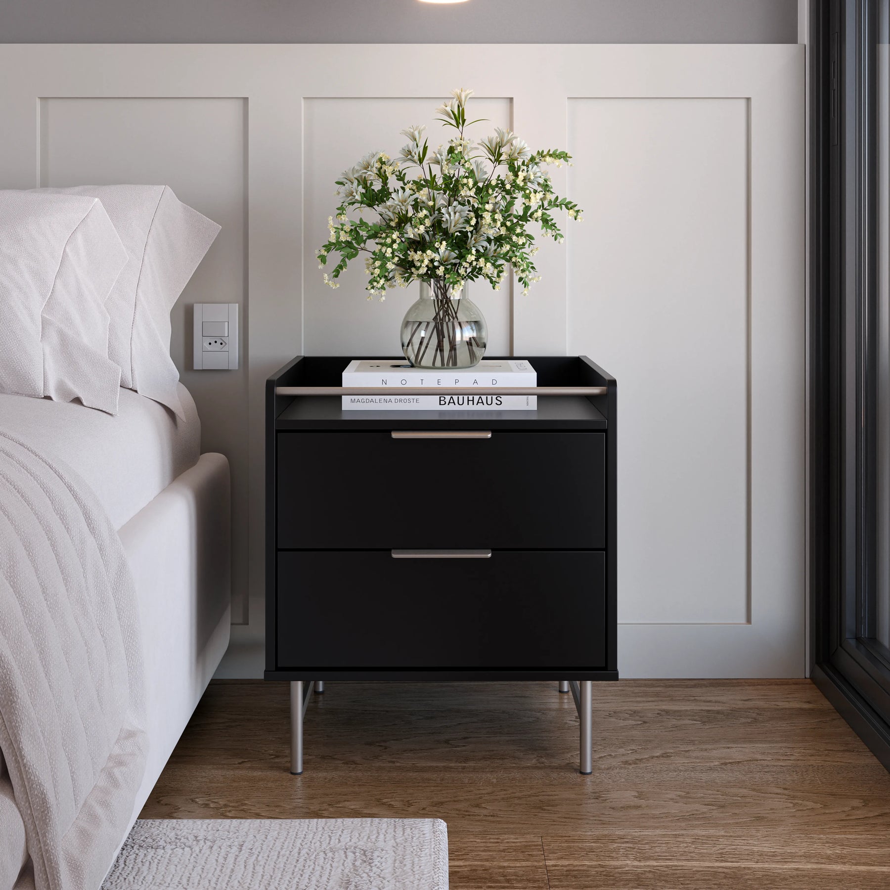 Conjunto 2 Mesas de Cabeceira 2 Gavetas com LED Yves 53 cm - Preto Fosco c/ Champanhe