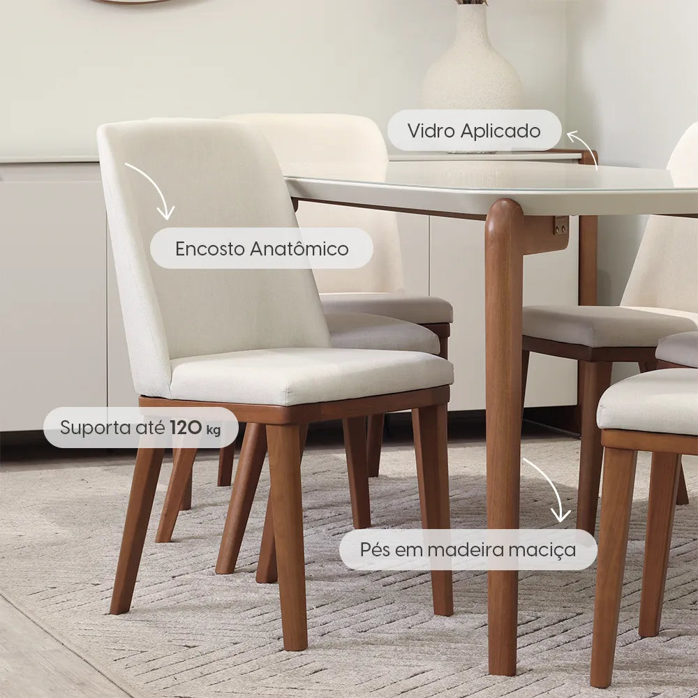 Conjunto de Jantar Mesa Retangular com Vidro Donatella 6 Cadeiras Kalina - Natural c/ Off White