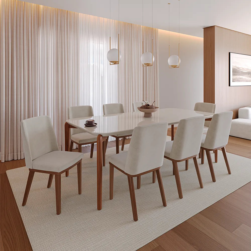 Mesa de Jantar Retangular c/ Vidro para 8 Lugares Donatella 219 cm - Off White Fosco c/ Natural