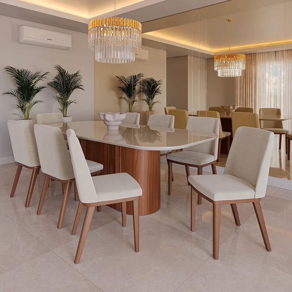 Mesa de Jantar Retangular c/ Vidro para 8 Lugares Kalina 219 cm - Off White Fosco c/ Canella