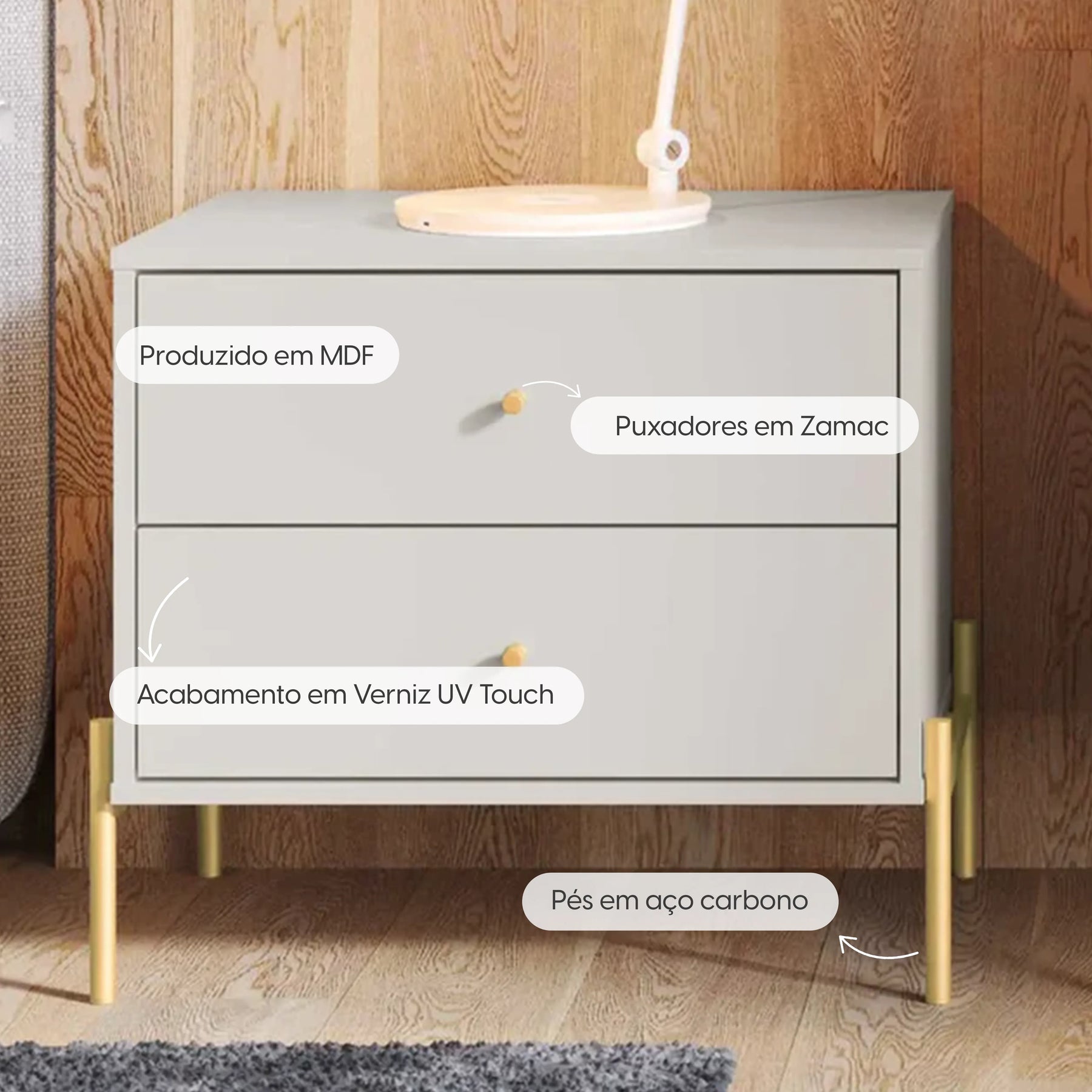 Conjunto 2 Mesas de Cabeceira e Cômoda 6 Gavetas Jasper - Branco c/ Dourado