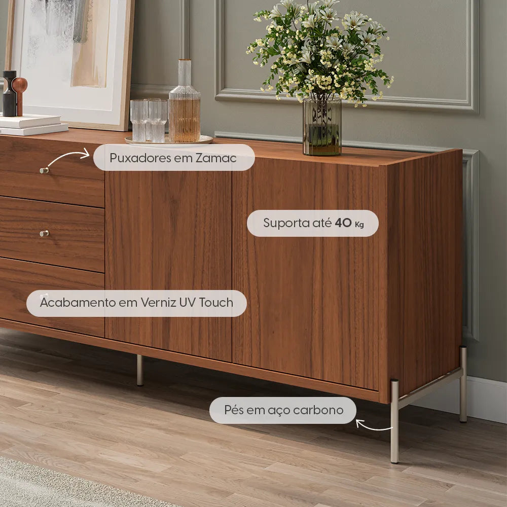 Buffet 3 Portas 3 Gavetas Jasper 184 cm - Canella c/ Champanhe