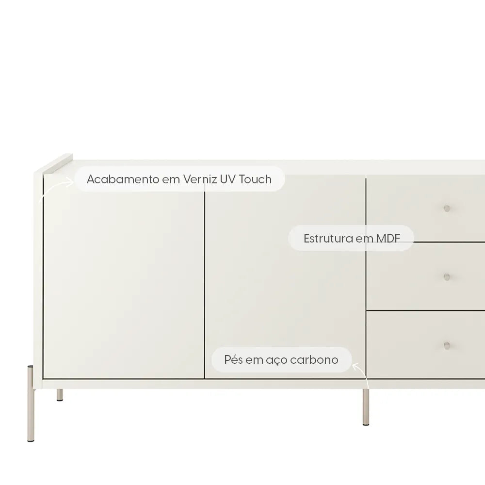 Buffet 3 Portas 3 Gavetas Jasper 184 cm - Off White c/ Champanhe
