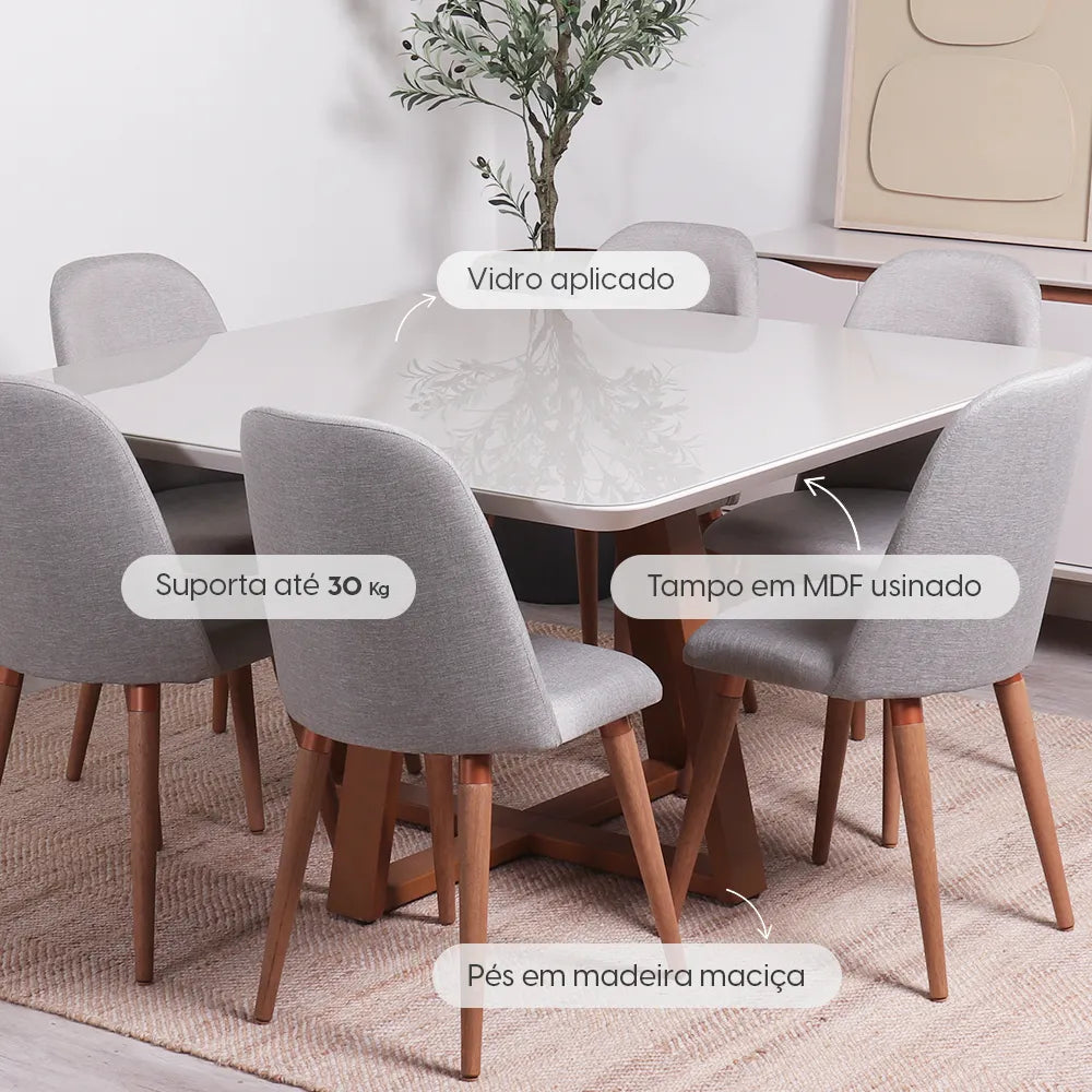 Mesa de Jantar Quadrada c/ Vidro para 6 Lugares Bennett 135 cm - Natural c/ Off White Fosco