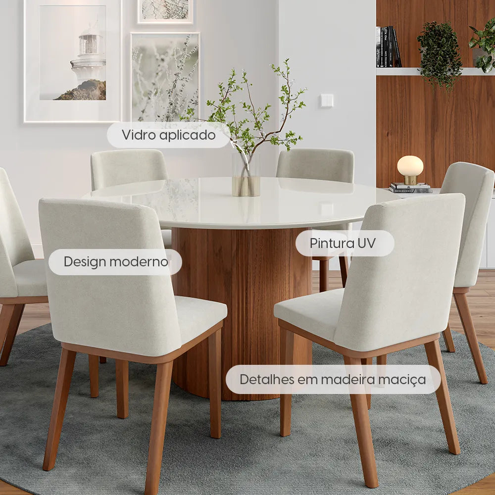 Mesa de Jantar Redonda c/ Vidro para 6 Lugares Kalina 135 cm - Off White Fosco c/ Canella