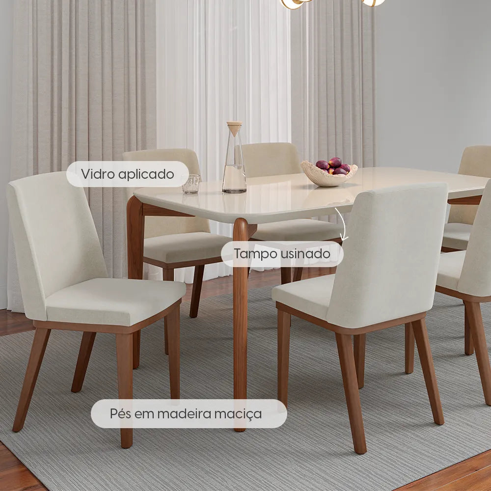 Mesa de Jantar Retangular c/ Vidro para 6 Lugares Donatella 180 cm - Off White Fosco c/ Natural