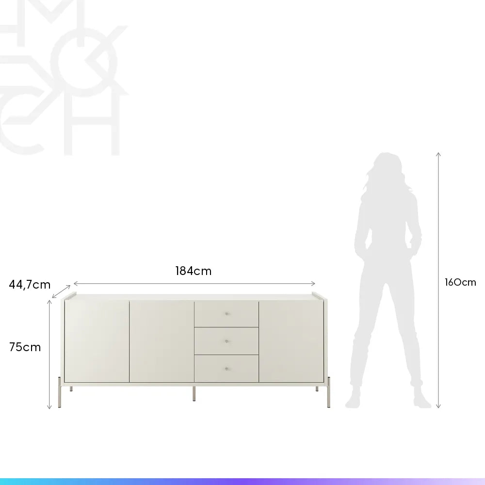 Buffet 3 Portas 3 Gavetas Jasper 184 cm - Off White c/ Champanhe