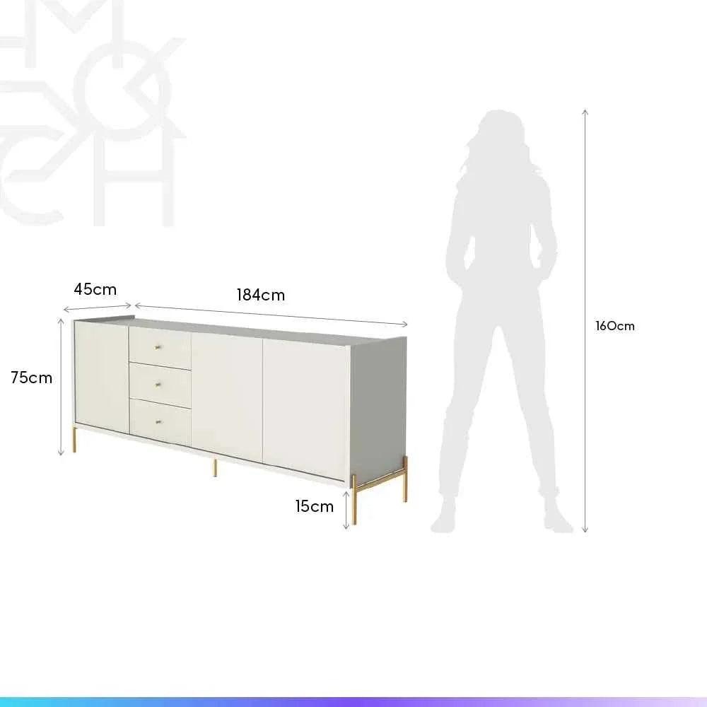 Buffet 3 Portas 3 Gavetas Jasper 184 cm - Off White c/ Dourado