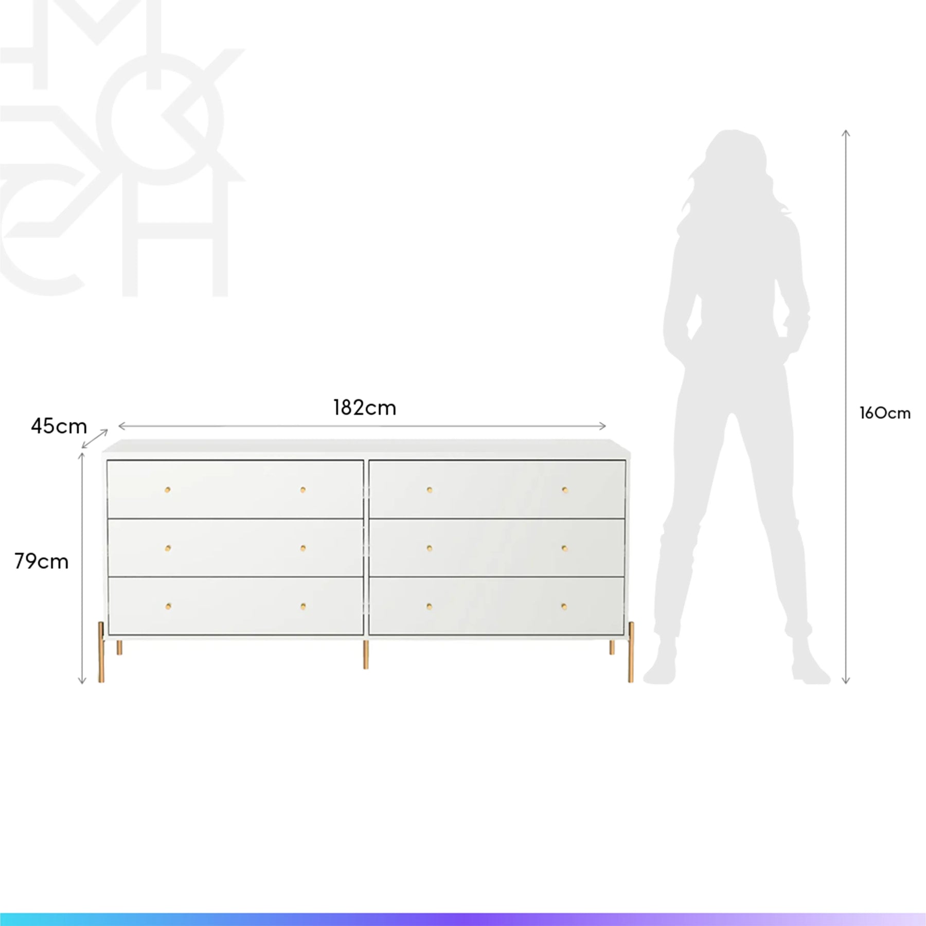 Conjunto 2 Mesas de Cabeceira e Cômoda 6 Gavetas Jasper - Branco c/ Dourado