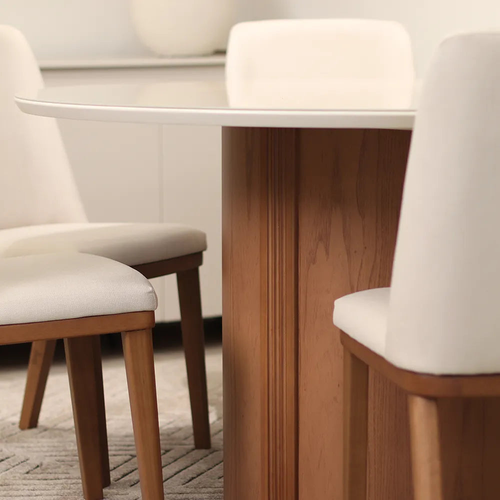 Conjunto de Jantar Mesa Redonda com Vidro 6 Cadeiras Kalina - Canella c/ Off White