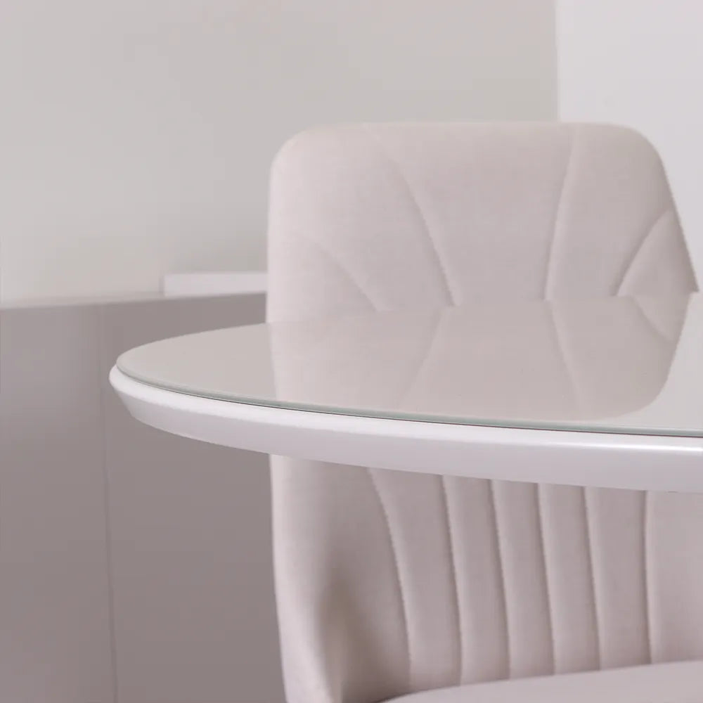 Conjunto de Jantar Mesa Redonda com Vidro Cloe 4 Cadeiras Lara - Champanhe c/ Off White