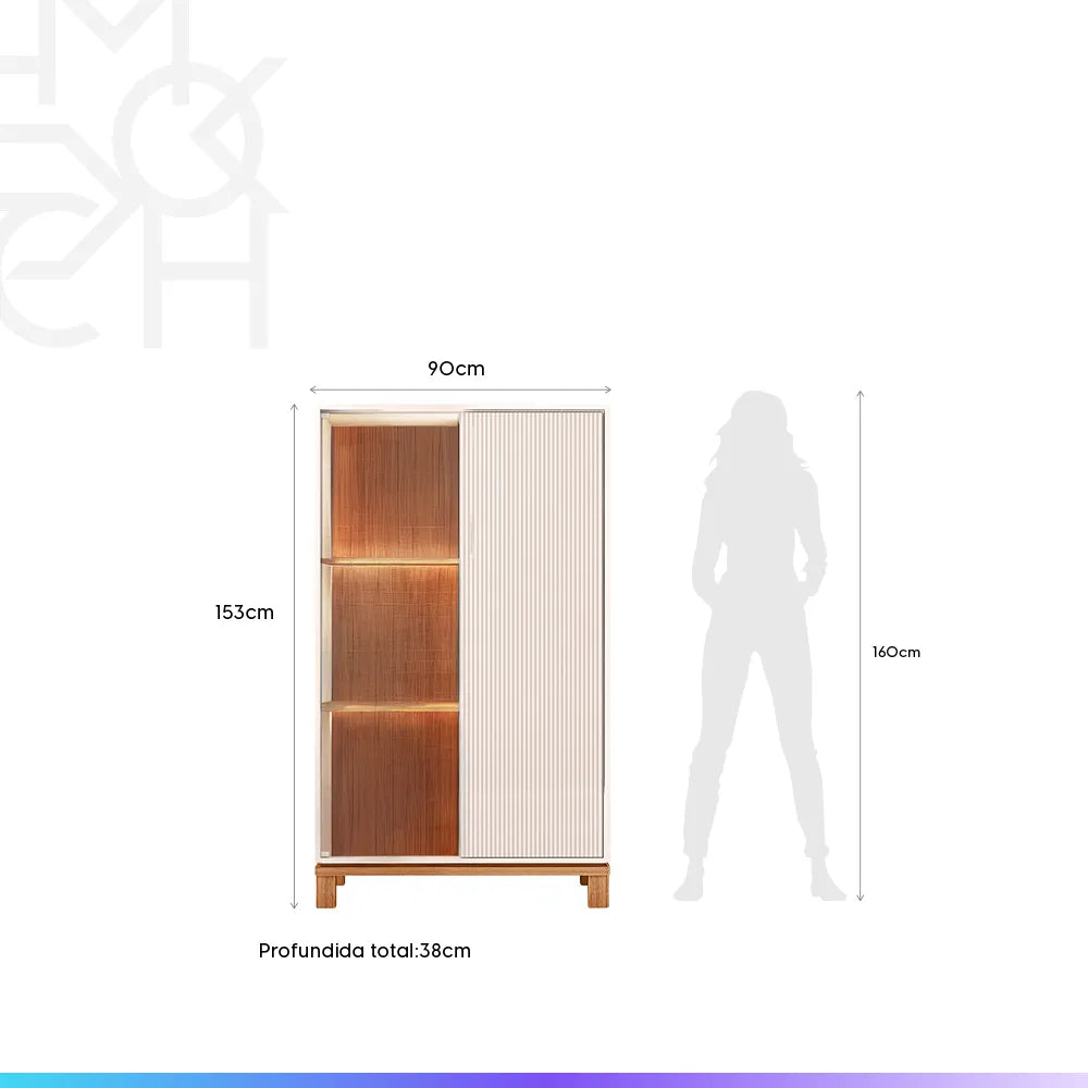 Cristaleira 2 Portas com Vidro e LED Capri 90 cm - Off White c/ Natural