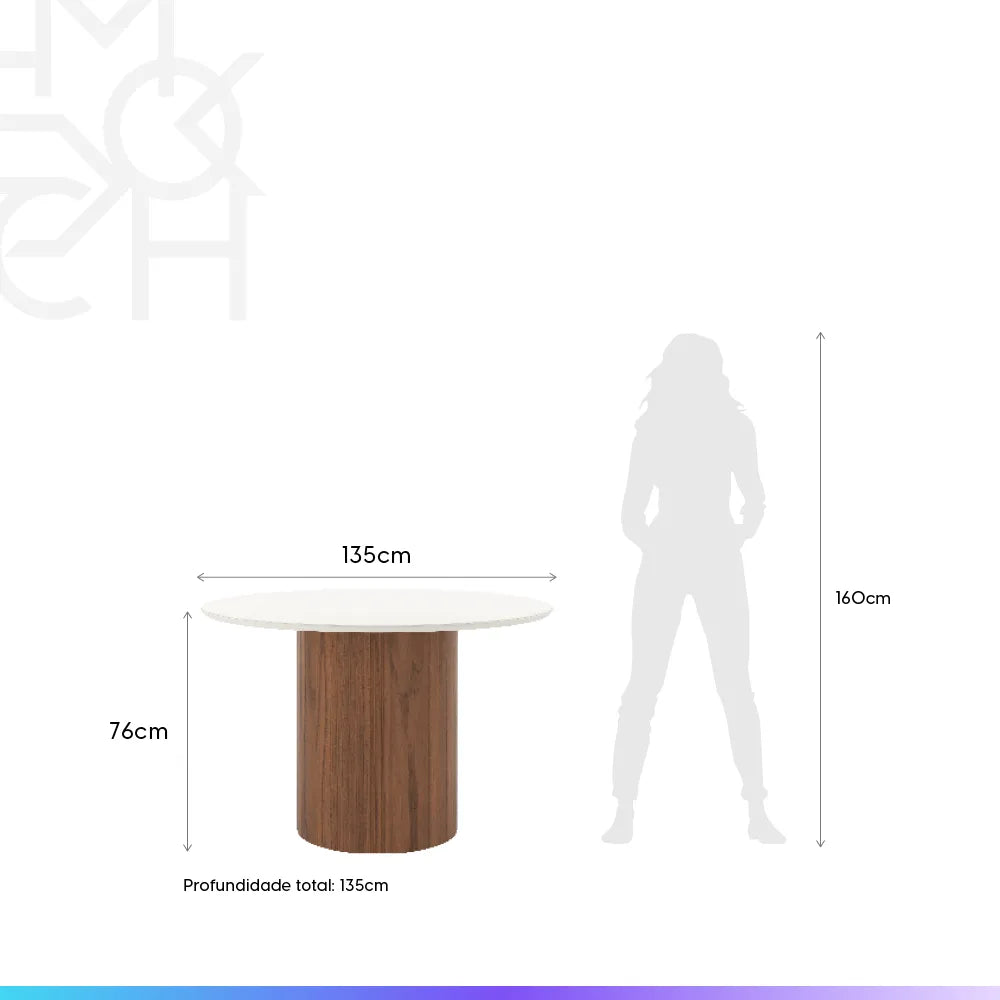 Mesa de Jantar Redonda c/ Vidro para 6 Lugares Kalina 135 cm - Off White Fosco c/ Canella