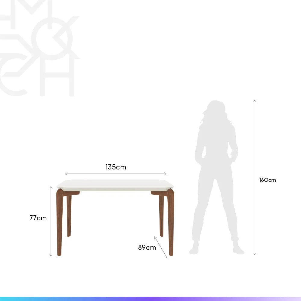 Mesa de Jantar Retangular c/ Vidro para 4 Lugares Donatella 135 cm - Off White Fosco c/ Natural