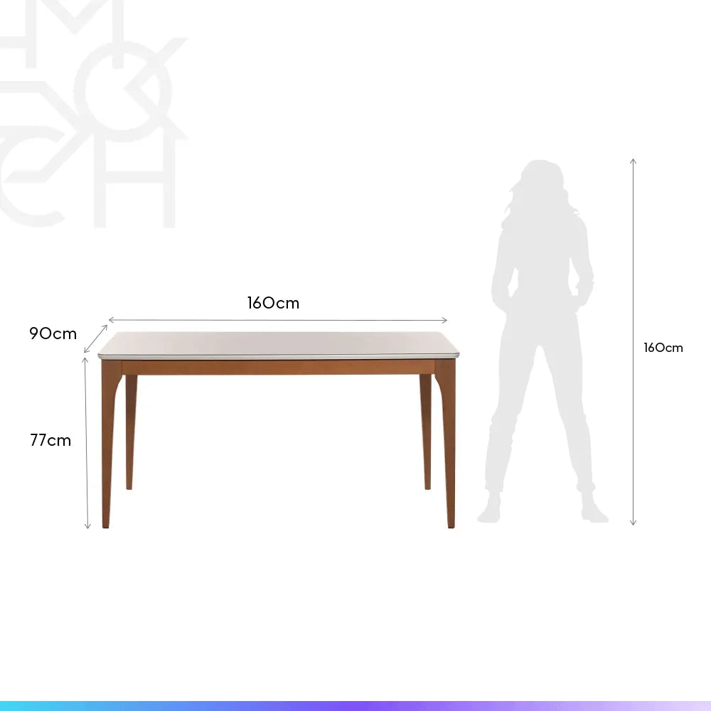 Mesa de Jantar Retangular c/ Vidro para 6 Lugares Ella 160 cm - Natural c/ Off White Fosco
