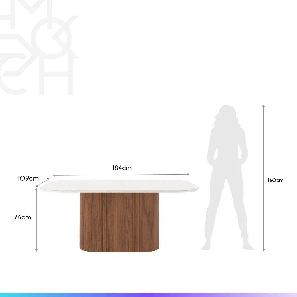 Mesa de Jantar Retangular c/ Vidro para 6 Lugares Kalina 180 cm - Off White Fosco c/ Canella