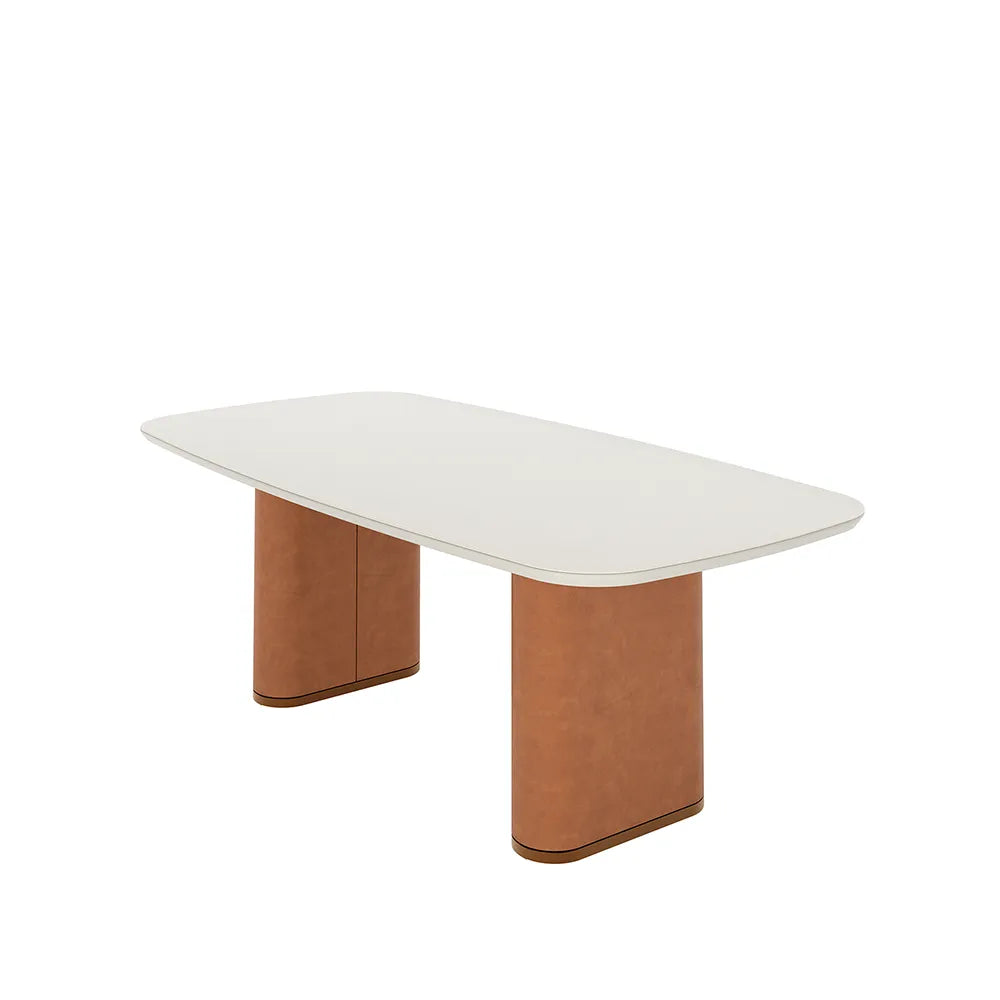 Mesa de Jantar Retangular c/ Vidro para 6 Lugares Lintz 184 cm - Off White Fosco c/ Canella - PU Caramelo