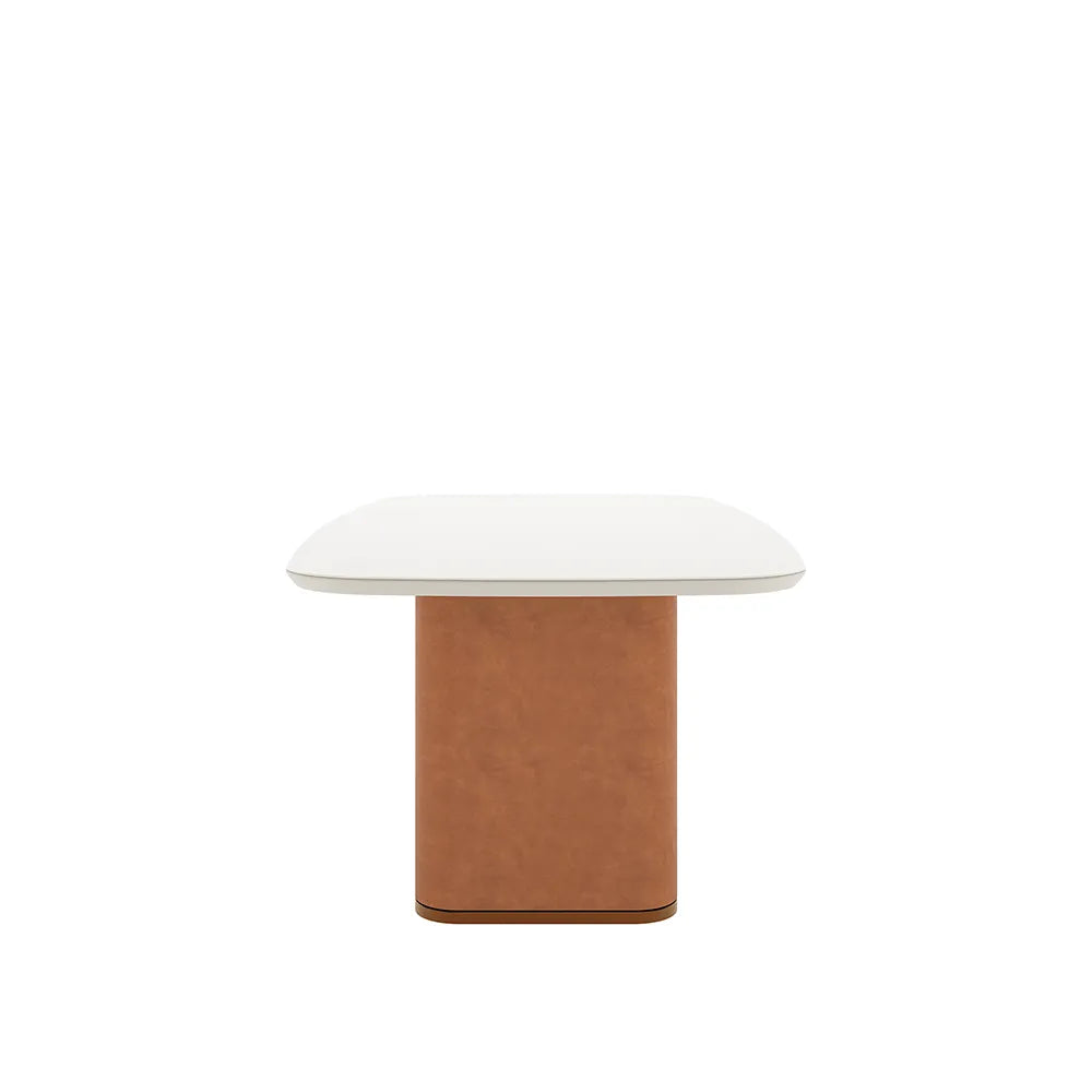 Mesa de Jantar Retangular c/ Vidro para 8 Lugares Lintz 219 cm - Off White Fosco c/ Canella - PU Caramelo