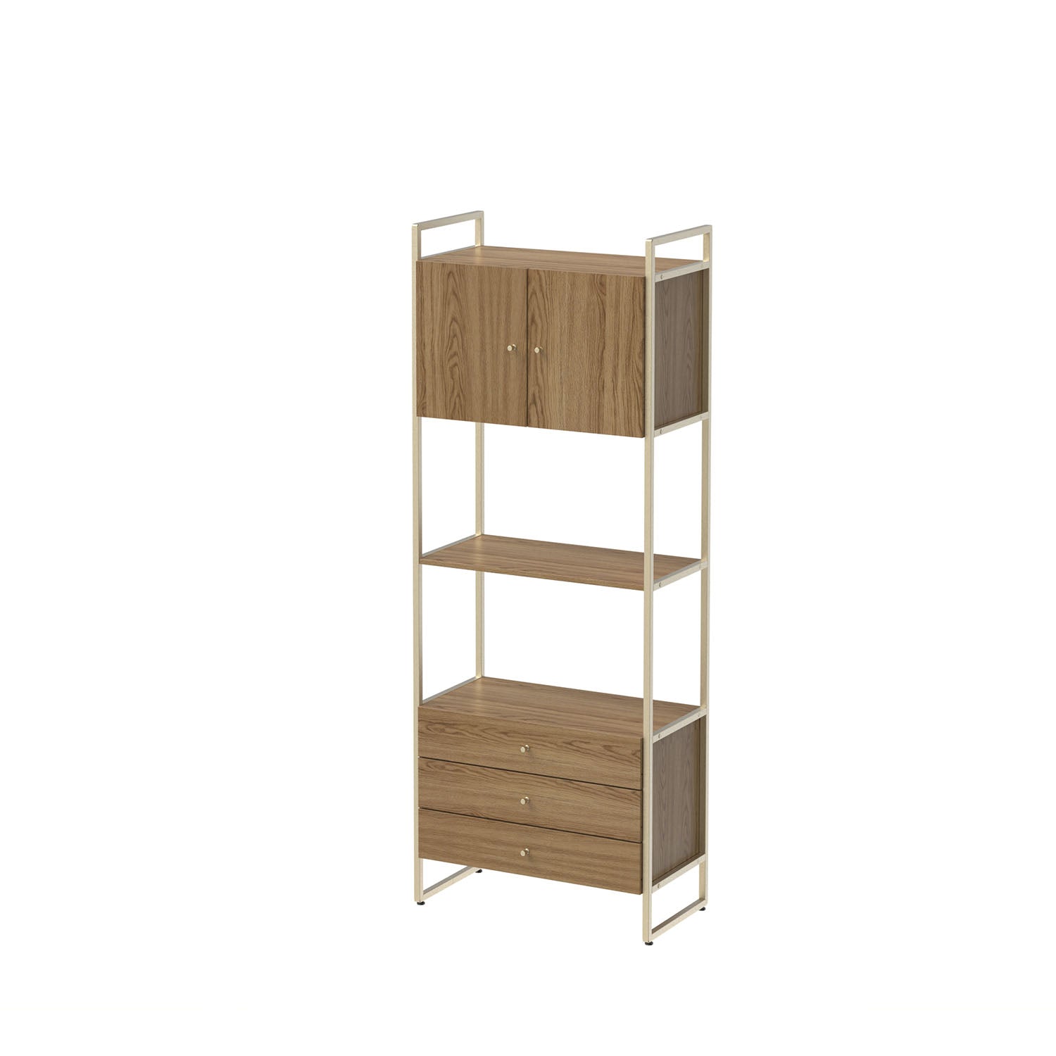 Estante com Prateleira 3 Gavetas 2 Portas MDF com Aço Voss 75 cm - Freijó c/ Champanhe