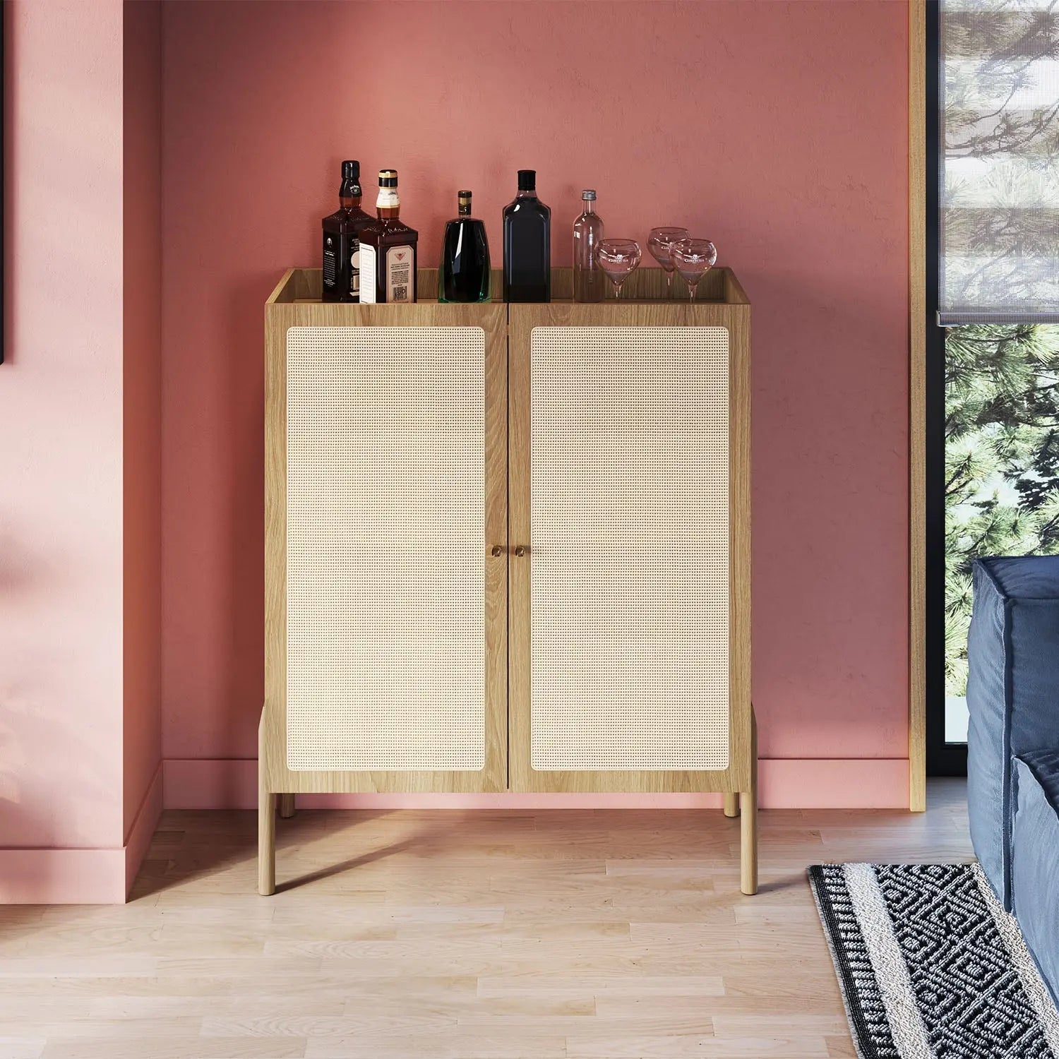 Balcão Buffet 2 Portas Ander 93 cm - Mel c/ Palhinha - Dourado