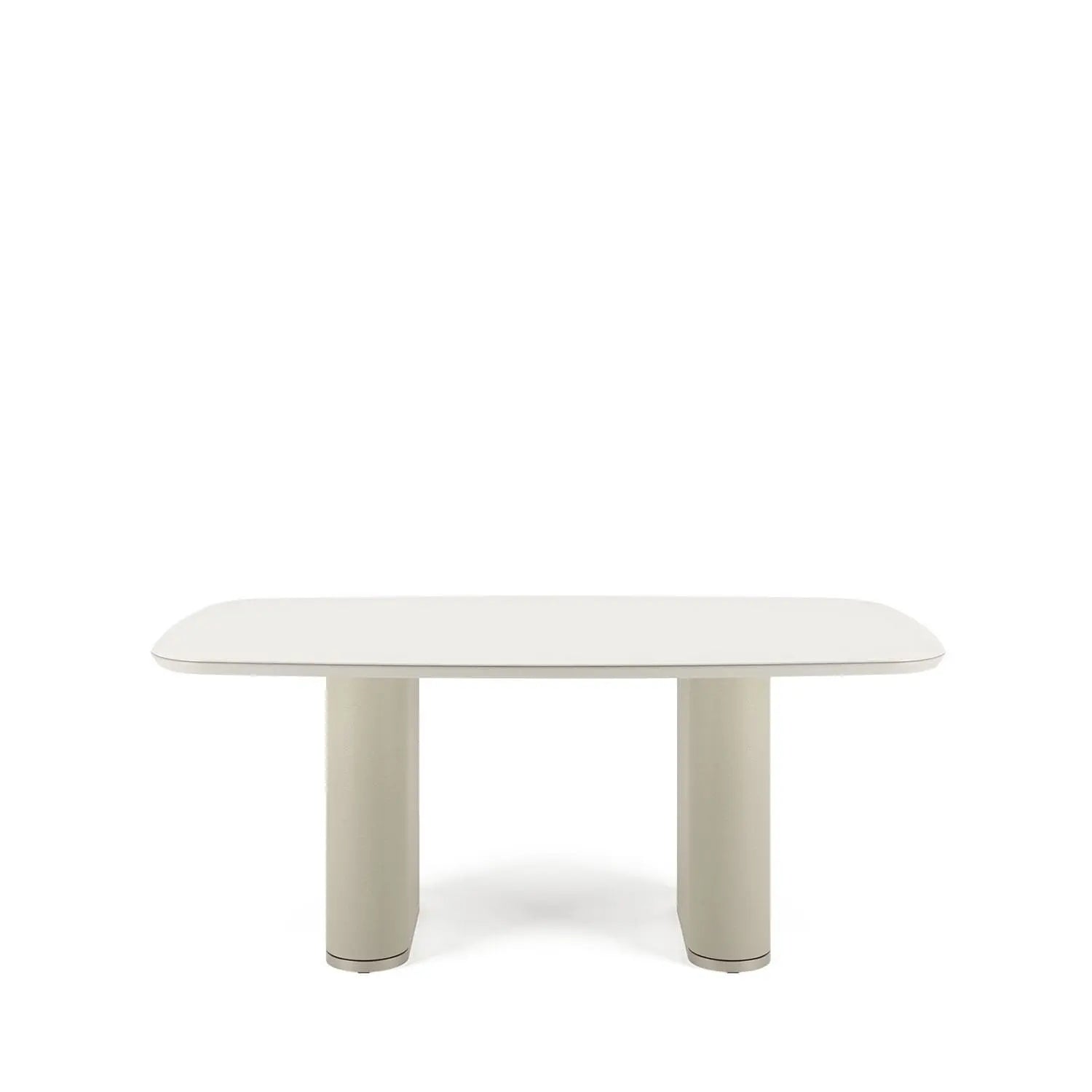 Mesa de Jantar Retangular c/ Vidro para 6 Lugares Lintz 184 cm - Off White Fosco c/ PU Bege - Champanhe