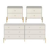 Conjunto 2 Mesas de Cabeceira e Cômoda 6 Gavetas Jasper - Off White Fosco c/ Dourado