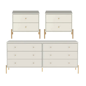 Conjunto 2 Mesas de Cabeceira e Cômoda 6 Gavetas Jasper - Off White Fosco c/ Dourado