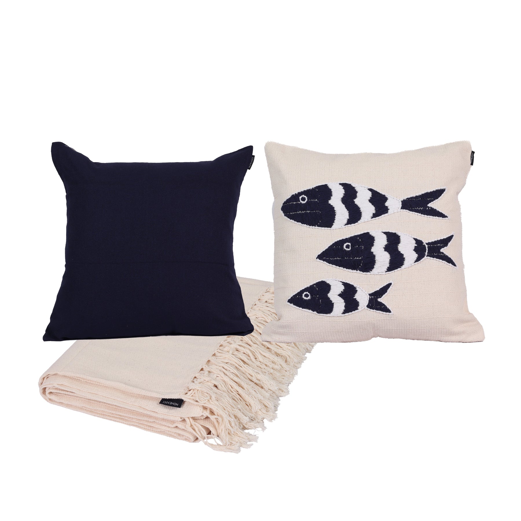 Kit com 2 Capas de Almofadas 1 Manta Maré - Cru c/ Azul