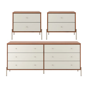 Conjunto 2 Mesas de Cabeceira e Cômoda 6 Gavetas Jasper - Off White Fosco c/ Canella - Champanhe