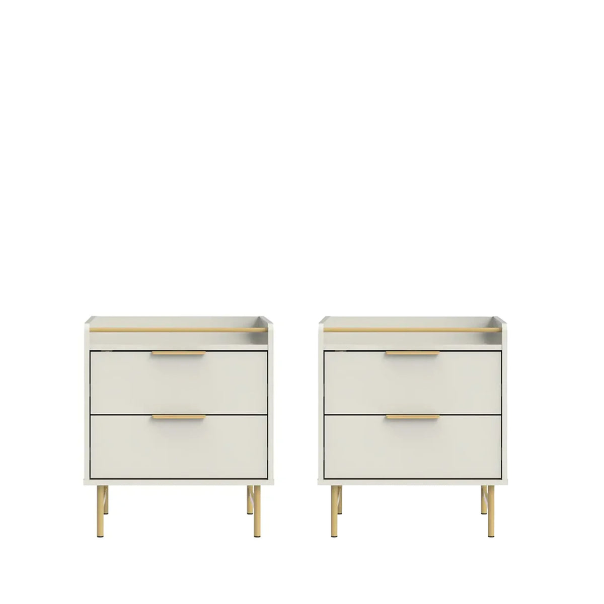 Conjunto 2 Mesas de Cabeceira 2 Gavetas com LED Yves 53 cm - Off White Fosco c/ Dourado