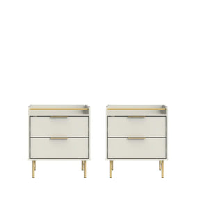 Conjunto 2 Mesas de Cabeceira 2 Gavetas com LED Yves 53 cm - Off White Fosco c/ Dourado