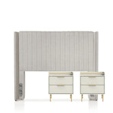 Conjunto 2 Mesas de Cabeceira Yves e Cabeceira Queen Reid - Off White c/ Dourado - Linho Mescla Taupe