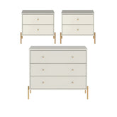 Conjunto 2 Mesas de Cabeceira e Cômoda 3 Gavetas Jasper - Off White Fosco c/ Dourado
