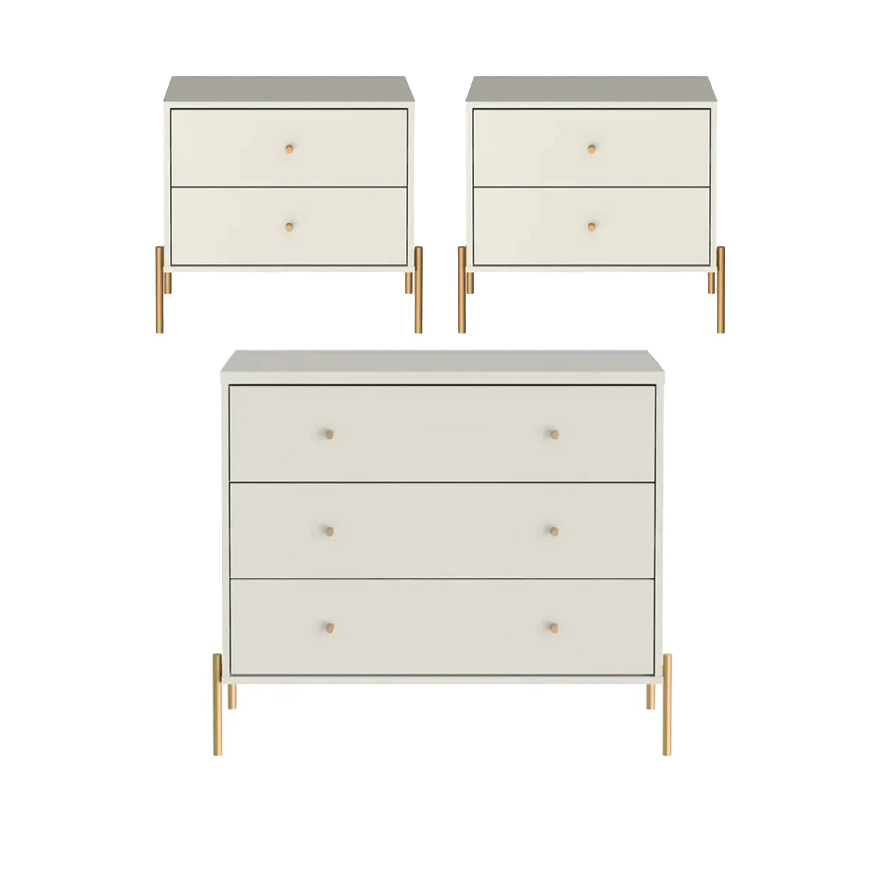 Conjunto 2 Mesas de Cabeceira e Cômoda 3 Gavetas Jasper - Off White Fosco c/ Dourado