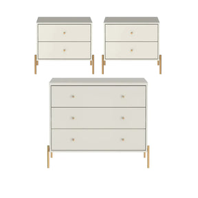 Conjunto 2 Mesas de Cabeceira e Cômoda 3 Gavetas Jasper - Off White Fosco c/ Dourado