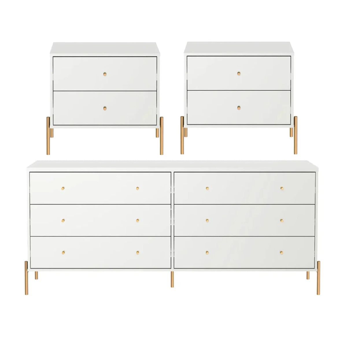 Conjunto 2 Mesas de Cabeceira e Cômoda 6 Gavetas Jasper - Branco c/ Dourado