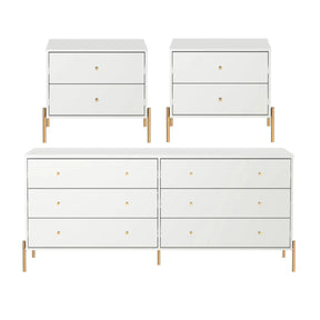 Conjunto 2 Mesas de Cabeceira e Cômoda 6 Gavetas Jasper - Branco c/ Dourado