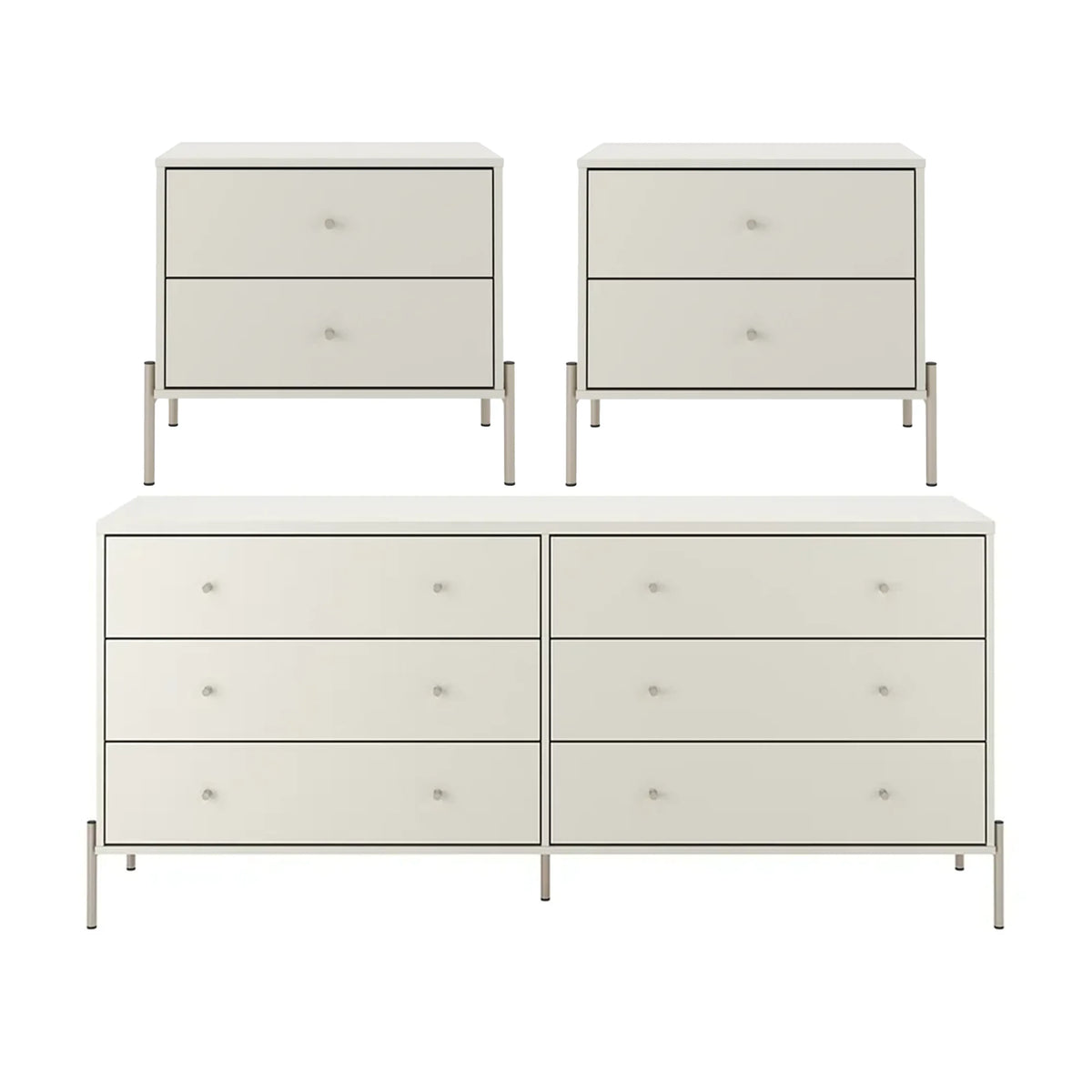 Conjunto 2 Mesas de Cabeceira e Cômoda 6 Gavetas Jasper - Off White Fosco c/ Champanhe