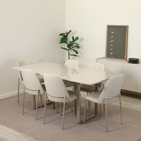 Conjunto de Jantar Mesa Retangular com Vidro Arcádia 6 Cadeiras Lucille - Champanhe c/ Off White
