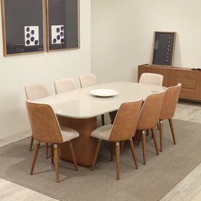 Conjunto de Jantar Mesa Retangular com Vidro Lintz com 8 Cadeiras Dakota - Off White c/ Caramelo